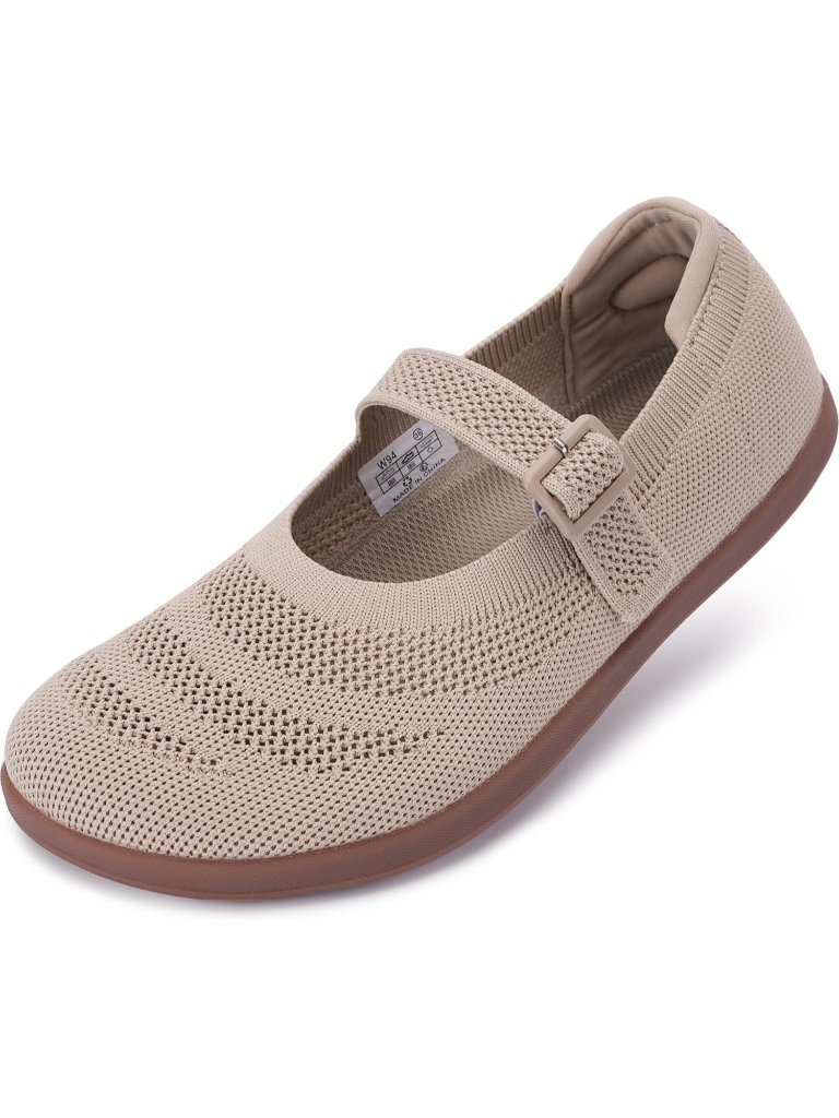 Women's Beige Knit Mary Jane Wide Toe Box Zero Drop Sole Adjustable Straps Flats